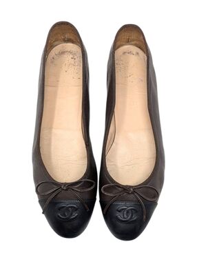 Chanel Ballet Flat Ballerina CC Logo Cap Toe Brown Black Leather 40.5 | 10